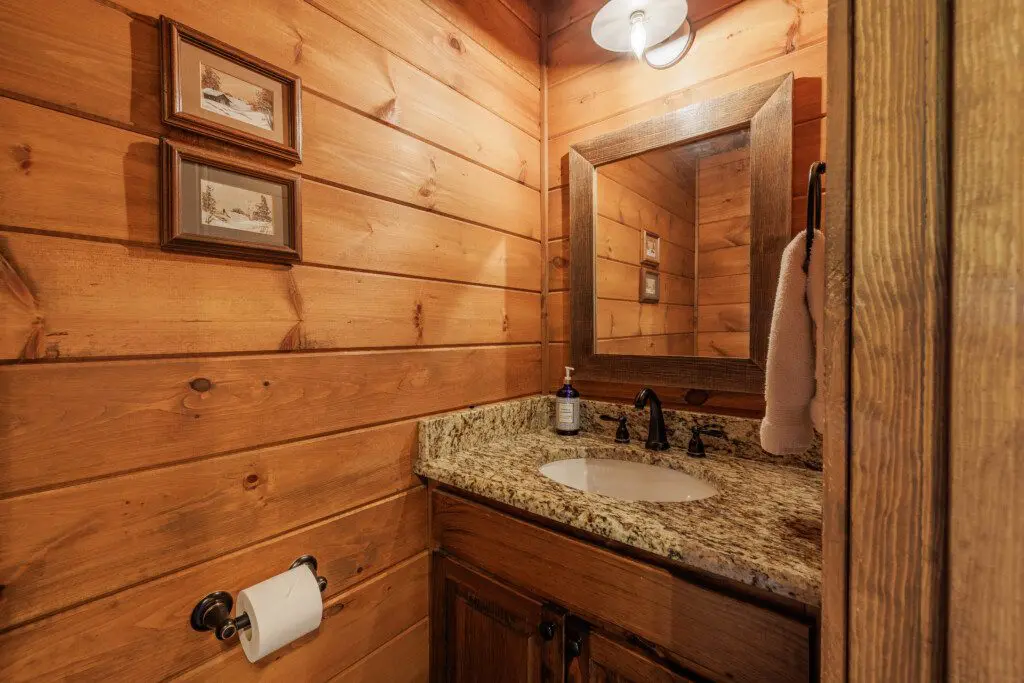 Above the Clouds cabin rustic bathroom with granite vanity and cedar walls in Blue Ridge Georgia