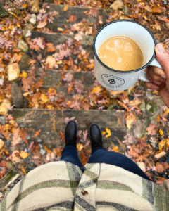 Morning coffee on the steps at Stone Creek cabin in Blue Ridge, GA