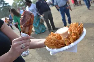 Festival food at the Georgia Apple Festival in Ellijay, GA, including a smoked turkey leg and a plate of fried blooming onion with dipping sauce.