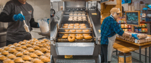 Fresh apple cider donuts and baked goods being made and stocked at Mercier Orchards’ farm shop in Blue Ridge, Georgia.