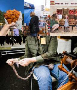 Scenes from the Georgia Apple Festival in Ellijay, GA, featuring apple fritters, local art vendors, kids picking apples, and traditional wool spinning.