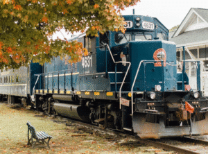 The Blue Ridge Scenic Railway train parked at the station in downtown Blue Ridge, Georgia, surrounded by fall foliage.
