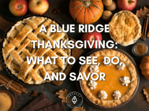 Thanksgiving pies on a rustic wooden table surrounded by pumpkins, apples, cinnamon sticks, and fall spices — a cozy setup celebrating Thanksgiving in Blue Ridge, Georgia.